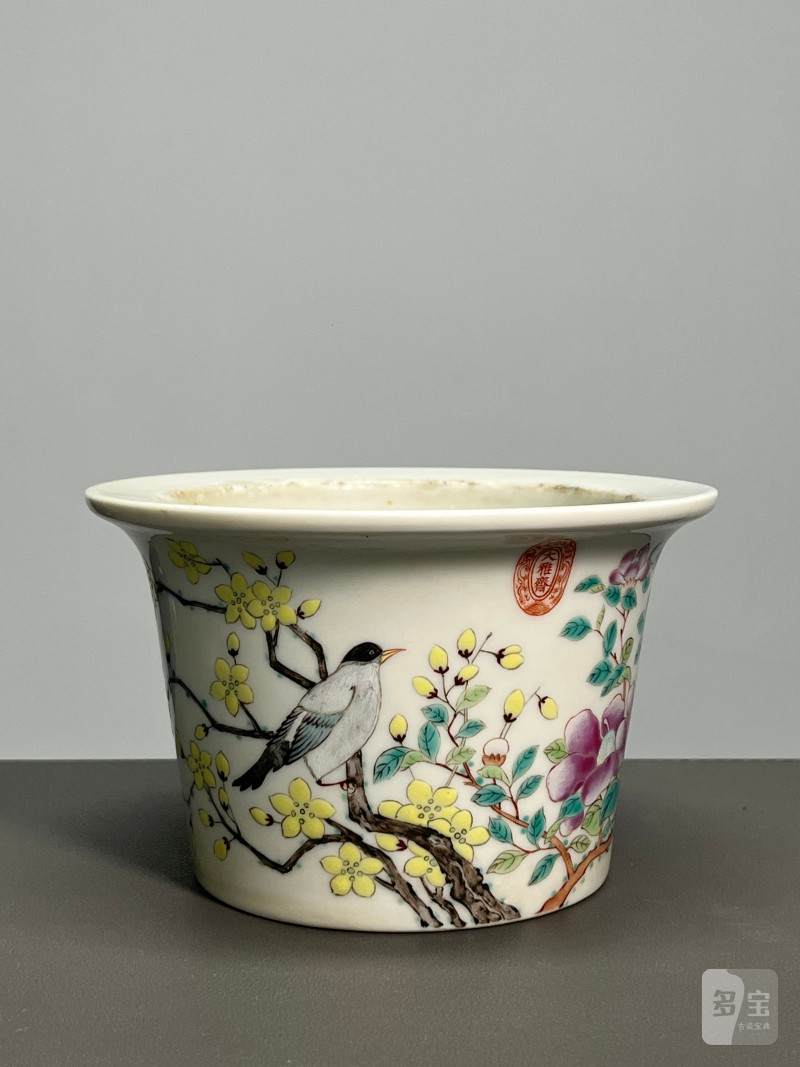 清光绪  “大雅斋”粉彩花鸟纹花盆 - 图4